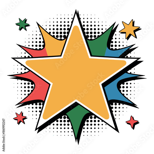 Brightly colored comic book explosion shape provides a dramatic starburst background for celebration.