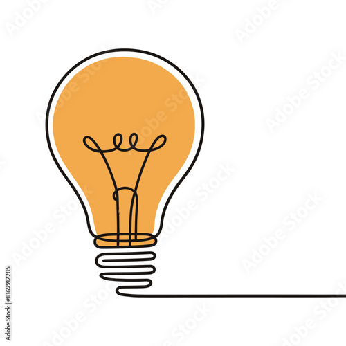 Minimalist single line drawing depicts an illuminated light bulb symbolizing a brilliant new creative idea.