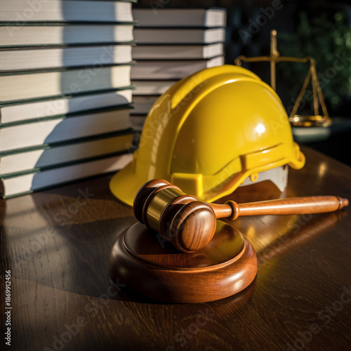 A gavel and yellow hard hat placed beside legal texts symbolize construction law, addressing issues related to building safety regulations and workers' rights, promoting justice within the constructio