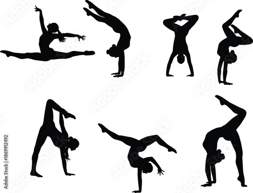 Gymnastics and yoga silhouette collection, rhythmic dancer poses, cad drawing flat vector illustration, female athletes performing professional ballet and fitness movements.