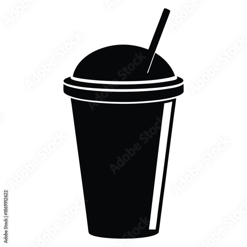 Minimalist Black and White Silhouette of a Disposable Cup with a Straw and Lid for Fast Food Branding