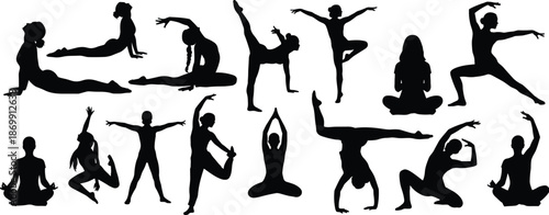 Gymnastics and yoga silhouette set, rhythmic dancer poses with ribbon, cad drawing flat vector illustration, athletic female stretching and ballet movements.