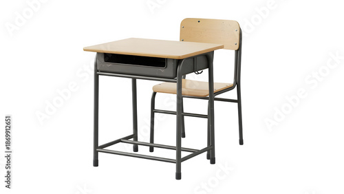 School desk and chair set with wooden top and metal frame for student learning isolated on transparent background