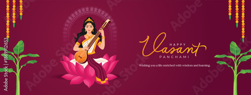 Happy Vasant Panchami Saraswati Puja Illustration With Goddess Saraswati Social Media Post , Web Banner, Print Design 