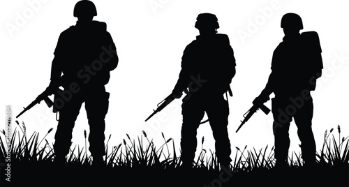 Armed soldiers silhouette military patrol team standing with rifles, combat defense security illustration isolated on white background, war concept vector