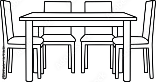 Black outline dining table with chairs simple interior furniture line art home decor Vector illustration