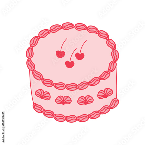 Сake with cherry. Hand-drawn pink vintage cake. A flirty cake for weddings, anniversaries, and Valentine's Day. A sweet dessert with an outline drawing. A flirty romantic vector illustration.