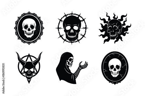 Set of stylized skulls with barbed wire and pentagram frames dark gothic art collection Vector illustration
