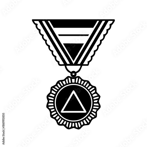 Ornate medal with triangle emblem and rope border hanging from striped ribbon in black and white style created with generated ai