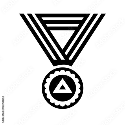 Ornate medal with triangle emblem and rope border hanging from striped ribbon in black and white style created with generated ai