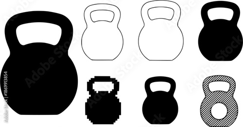Diverse kettlebell icons: silhouette, outline, pixel, and hatch variations
