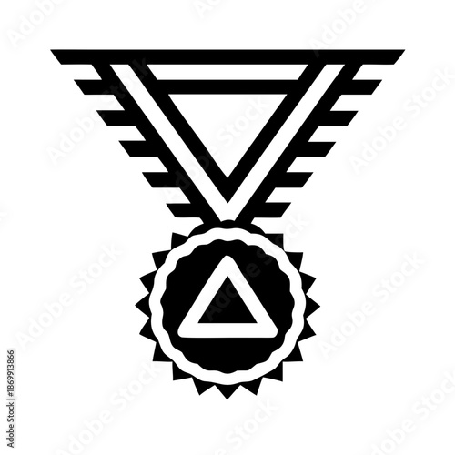 Ornate medal with triangle emblem and rope border hanging from striped ribbon in black and white style created with generated ai