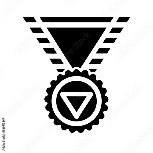 Ornate medal with triangle emblem and rope border hanging from striped ribbon in black and white style created with generated ai
