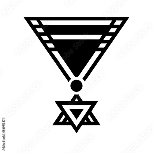 Ornate medal with triangle emblem and rope border hanging from striped ribbon in black and white style created with generated ai