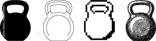 Diverse kettlebell icons: silhouette, outline, pixel, and hatch variations
