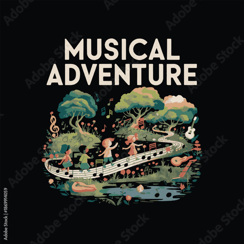 Children dancing on musical notes in whimsical forest landscape, guitar, treble clef, surrounded by trees and flowers