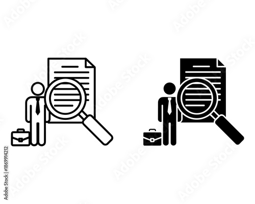 Two business people examining documents with magnifying glasses in black and white examination