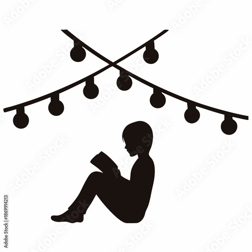 Silhouette of a person reading under crossed string lights, promoting relaxation