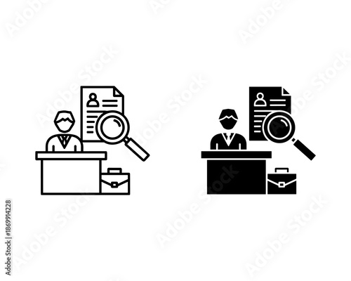 Two business people reviewing documents with magnifying glasses at desks with briefcases