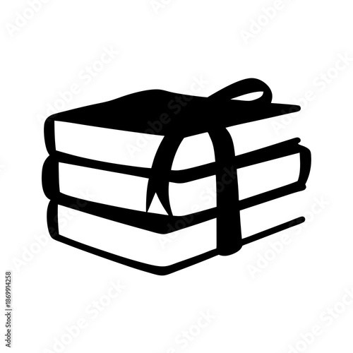 Monochrome illustration of a stack of three books tied with ribbon