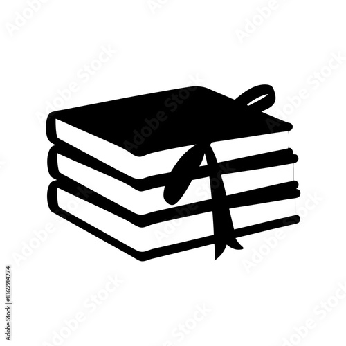 Stack of three books with ribbon bookmark, a minimalist black and white image
