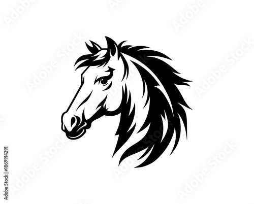Black horse head silhouette illustration isolated on white background. Artistic equine profile with flowing mane icon. Vector style graphic for equestrian sports, farm, and wild stallion branding.