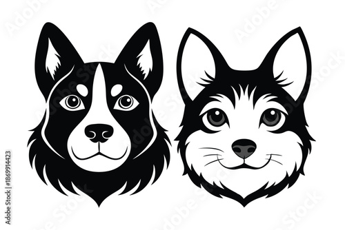 Cat and Dog Head Profile Silhouette Vector Graphic, Elegant Black and White Pet Services Branding Element