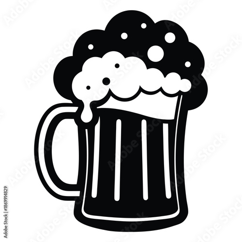 Foamy Beer Mug Silhouette Icon, Minimalist Black and White Vector Illustration for Bar and Brewery Menu Design