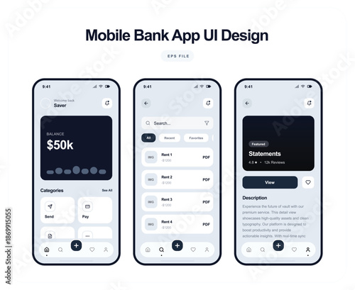 Mobile bank app UI design screens display account balance and transactions
