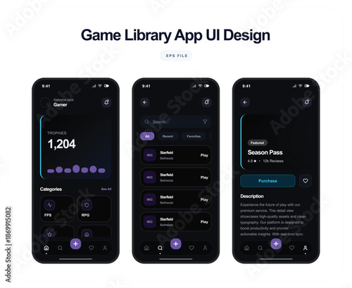 Game library app UI design showcases three mobile phone screens.