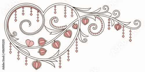 Elegant decorative swirl with pink hearts, vector
