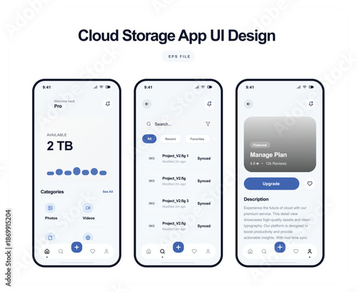 Cloud storage app UI design on three smartphone screens displayed