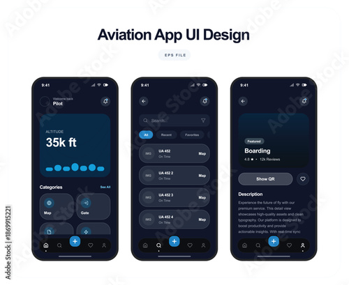 The aviation app UI design showcases three mobile screens.