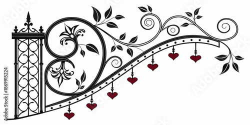 Elegant decorative scroll with hanging hearts, vector