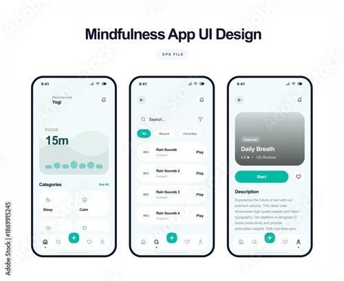 Mindfulness app UI designs screens on mobile phones for meditation practice