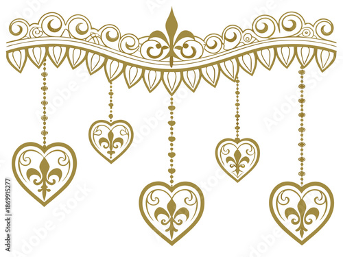 Golden ornate border with hanging hearts and fleur-de-lis symbols, vector