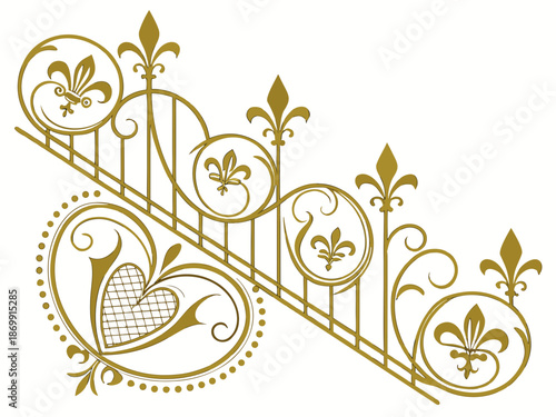 Golden ornate railing with fleur-de-lis and heart design, vector