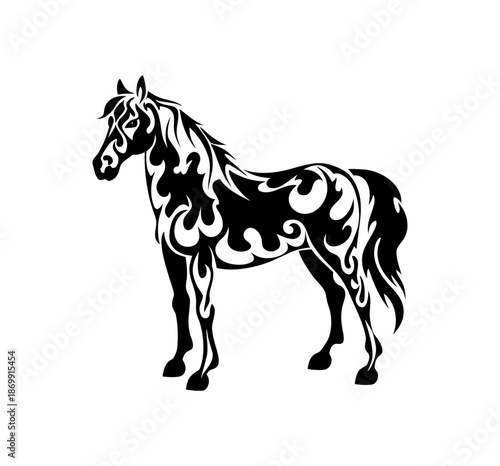 Elegant black horse silhouette with tribal swirl patterns isolated on white background. Artistic rearing stallion illustration for tattoo design, logo, or equestrian sports branding.