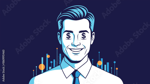 Ambitious businessman with dollar signs in his eyes smiling in front of a blue background with financial growth charts and data visualization bars.