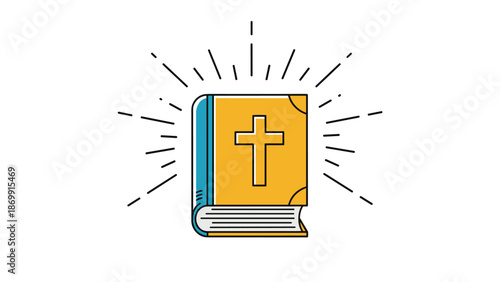 Holy Bible book with a golden cover and a simple cross icon radiating bright rays of light against a clean white background in a flat vector style.