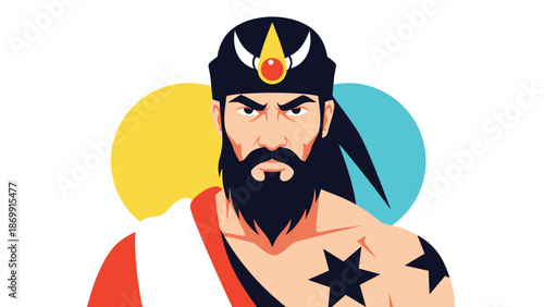 Powerful mythological warrior with a thick black beard and a decorative headband standing in front of yellow and blue circles with stars on skin.