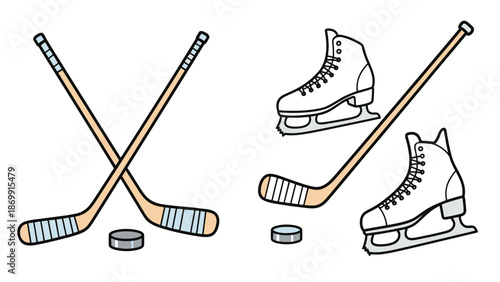 Collection of ice hockey equipment including two crossed wooden sticks, a black puck, and a pair of white figure skates shown in a simple clean style.