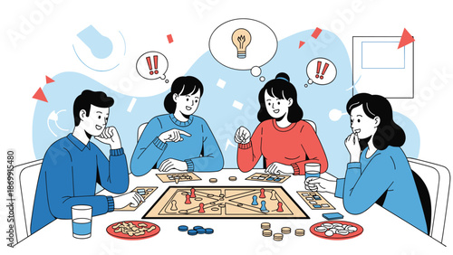 Group of cheerful friends gathered around a table playing an engaging board game with colorful pieces, snacks, and glasses of water in a room.
