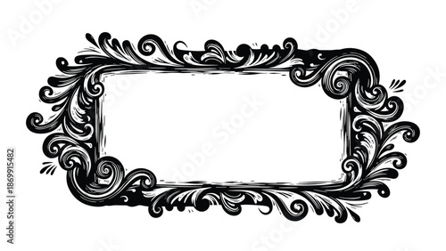 Ornate vintage rectangular frame with complex black scrollwork and swirling decorative patterns on a plain white background for elegant designs.