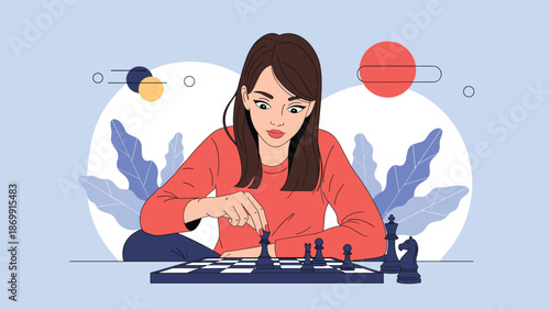 Young female chess player focusing intensely on her next move while touching a dark chess piece on a board against an abstract blue background.
