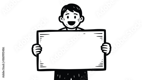 Joyful young man holding a large blank white board with both hands for custom text or advertising in a simple black and white hand-drawn sketch.
