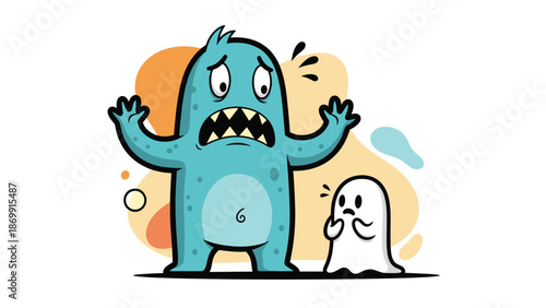 Funny cartoon of a large nervous blue monster with sharp teeth standing next to a tiny frightened white ghost against an abstract orange background.