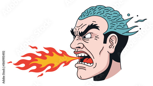 Furious man with blue hair breathing a large flame of fire from his open mouth in a dramatic comic book style illustration with bold outlines.