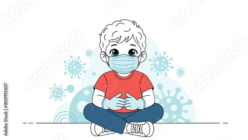 Young child wearing a blue surgical face mask and gloves sitting cross legged with virus particles floating in the background for safety.