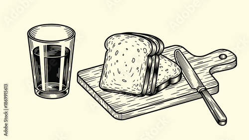 Traditional woodcut style illustration of sliced bread on a wooden board with a table knife and a glass of dark liquid on a plain background.